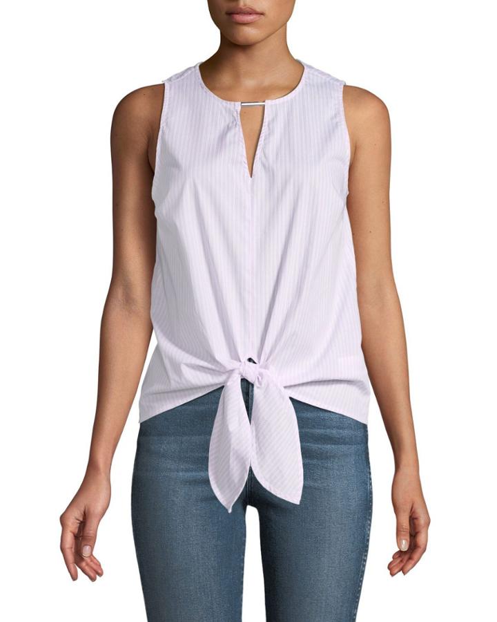 Striped Keyhole Tie-front Blouse