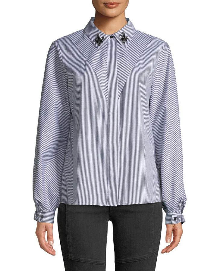 Candy-striped Jewel Collar Button-front Blouse