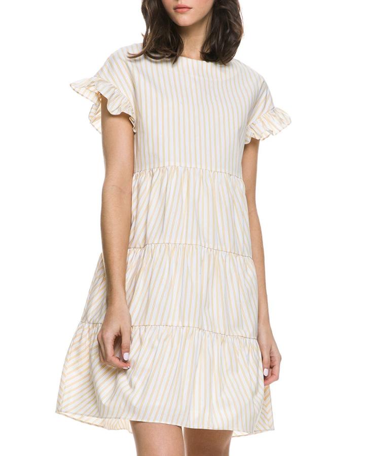 Ruffle-sleeve Tiered Cotton Dress