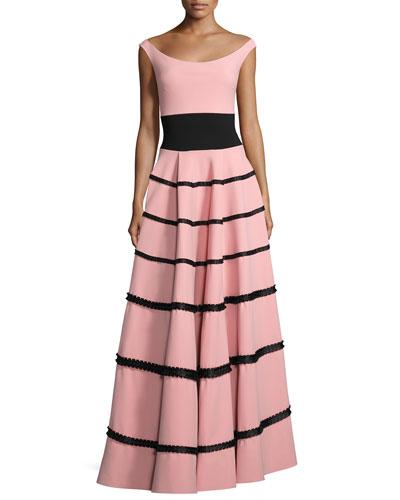 Nicoletta Tiered Fringe Jersey Gown, Pink/black