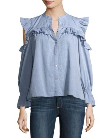 Akari Cold-shoulder Button-front Chambray Top