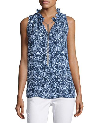 Ruffle-neck Sleeveless Top, Blue Pattern