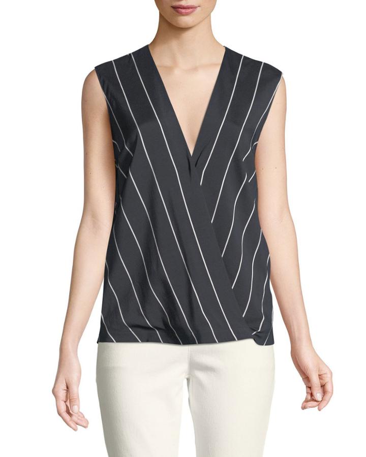 Striped Crepe De Chine Crossover Blouse