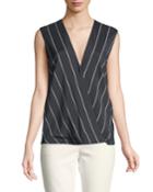 Striped Crepe De Chine Crossover Blouse