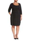 3/4-sleeve Dress With Pleated Skirt, Black,
