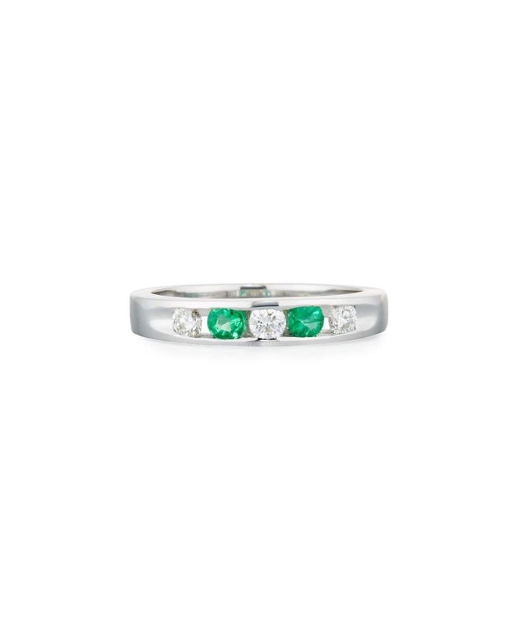18k White Gold 3-diamond & 2-emerald Ring,