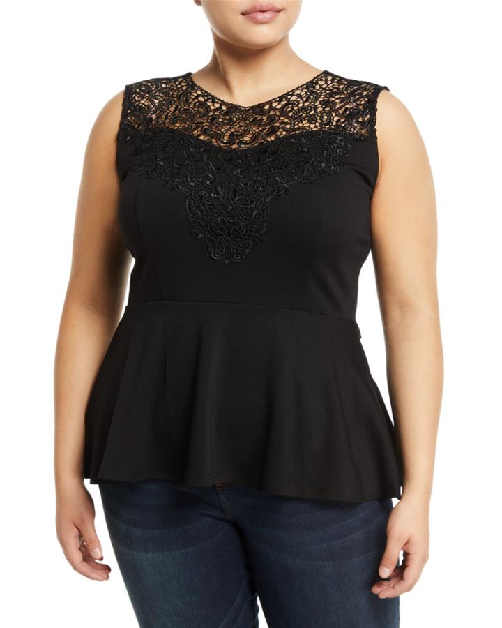 Sleeveless Lace-yoke Fit & Flare Blouse,