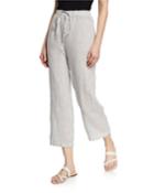 Mini-stripe Drawstring Straight-leg Organic Linen Crop Pants