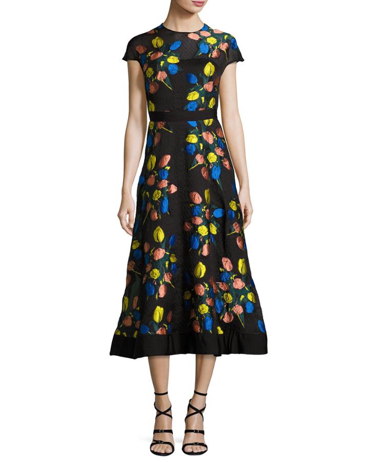 Cap-sleeve Tulip Fil Coup&eacute; A-line Dress, Black/multicolor