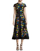 Cap-sleeve Tulip Fil Coupé A-line Dress, Black/multicolor