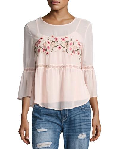 Floral-embroidered Chiffon Blouse