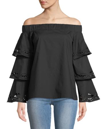 Off-the-shoulder Laser-cut Bell-sleeve Blouse