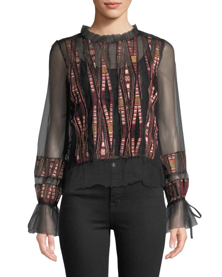 Embroidered Panel Flare-sleeve Blouse