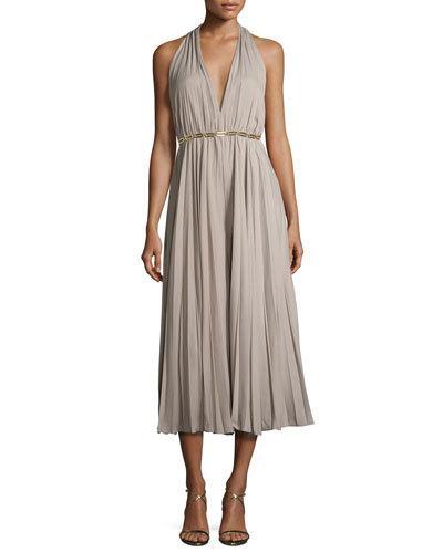Pleated Halter Jumpsuit With Golden Belt, Tan
