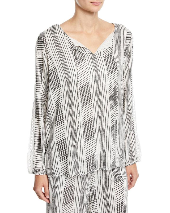 Striped-gauze Crochet Split-sleeve Top