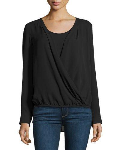 Long-sleeve Faux-wrap Blouse, Black