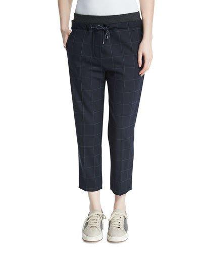 Drawstring-waist Windowpane Cropped Pants, Navy