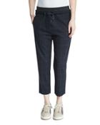 Drawstring-waist Windowpane Cropped Pants, Navy