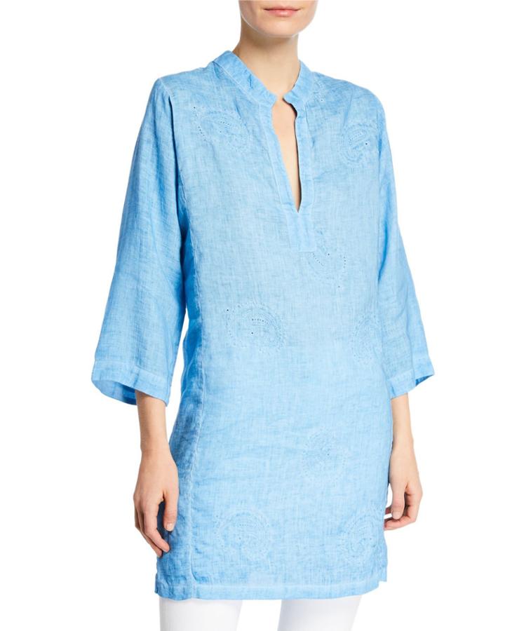 Mandarin-collar 3/4-sleeve Paisley-embroidered