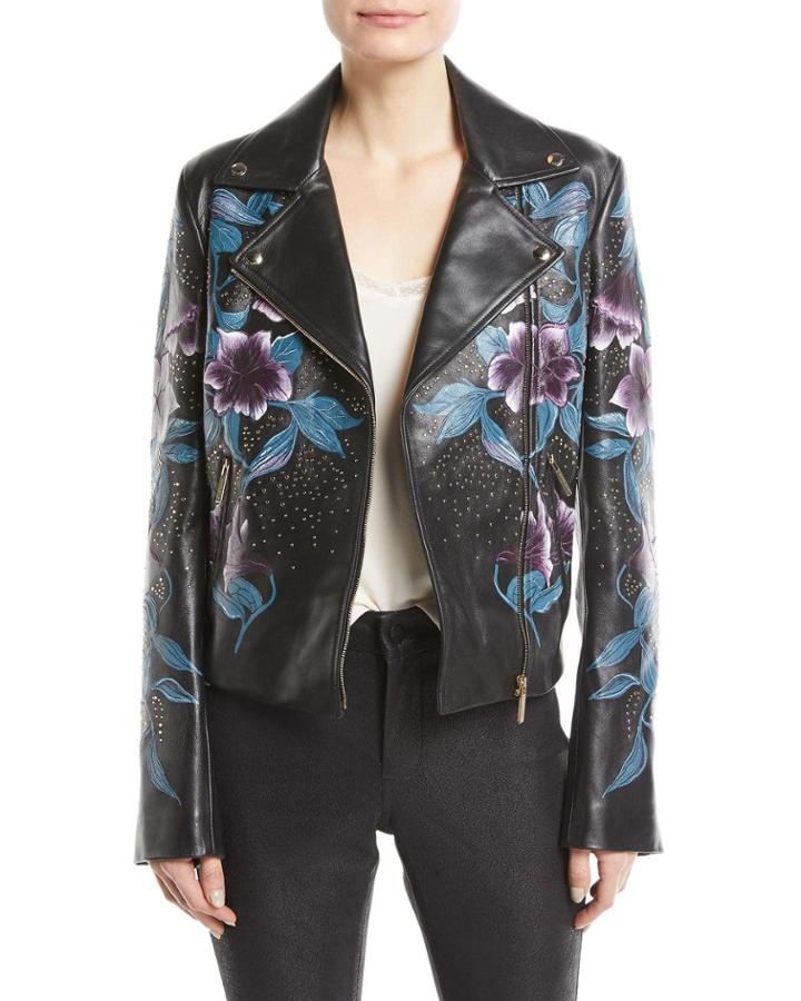 Zip-front Floral-print Studded Lambskin Leather