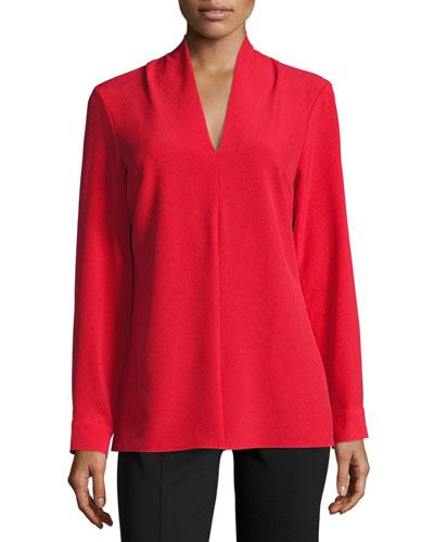 V-neck Long-sleeve Crepe Blouse, Red