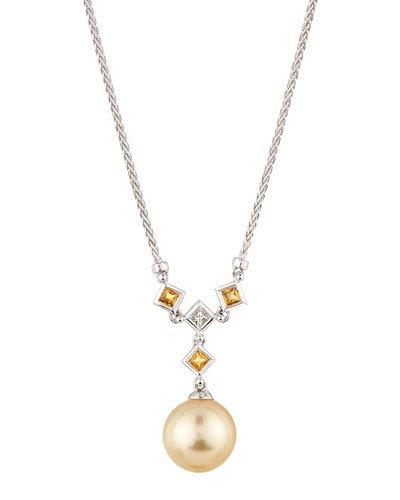 14k South Sea Pearl, Yellow Sapphire & Diamond Pendant Necklace