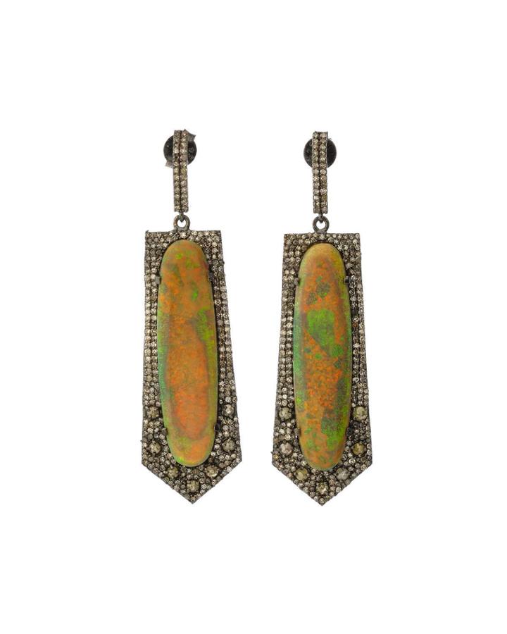Black Silver Spike Drop Earrings With Compressed Opal & Diamonds