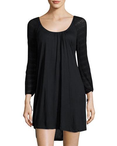 Rosette Crochet-sleeve Sleep Tunic, Black