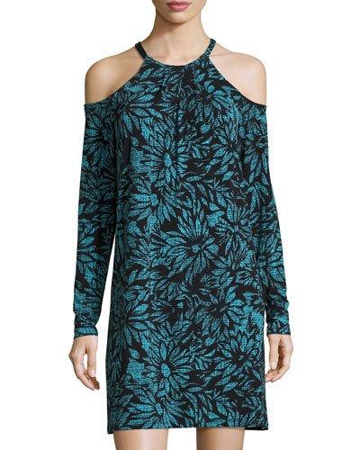 Cold-shoulder Embellished-neck Dress, Blue Pattern