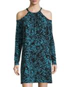 Cold-shoulder Embellished-neck Dress, Blue Pattern