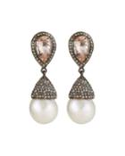 Morganite Pear & Pearl Drop Earrings W/ Diamonds