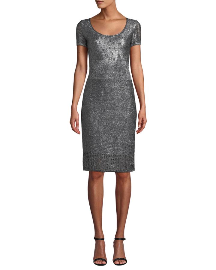 Scoop-neck Short-sleeve Metallic-plaited Body-con Dress
