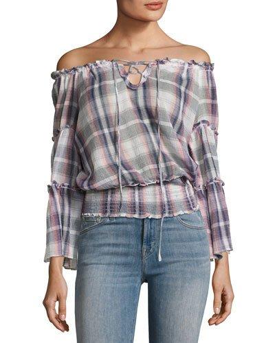 Off-the-shoulder Plaid Gauze Top, Blue/pink