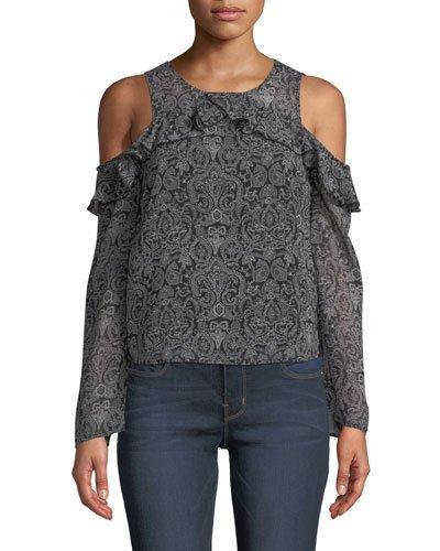 Cold-shoulder Ruffle-yoke Printed Blouse