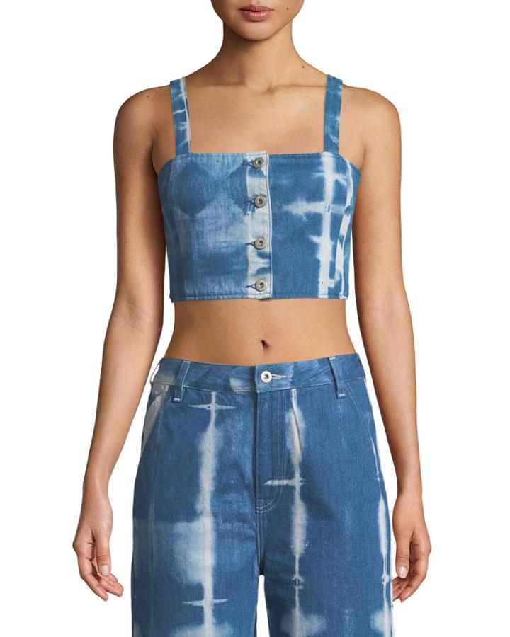 Button-front Tie-dye Denim Crop Top