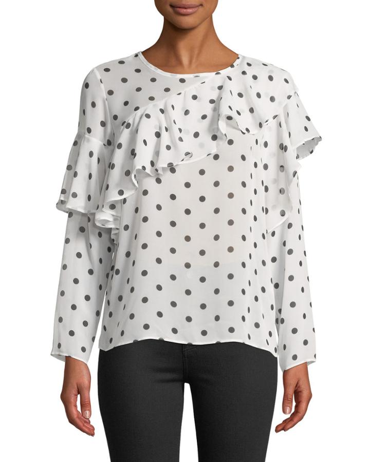 Ruffle-front Polka-dot Long-sleeve Blouse