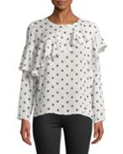 Ruffle-front Polka-dot Long-sleeve Blouse