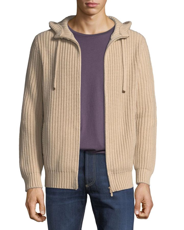 Men's Brioche-stitch Zip-front Hooded Cardigan
