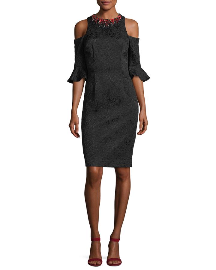 Jacquard Cold-shoulder Embellished Cocktail Dress