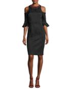Jacquard Cold-shoulder Embellished Cocktail Dress