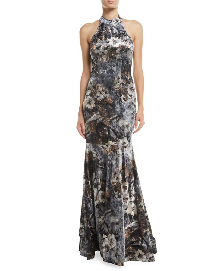 Devore Floral Velvet Halter Gown