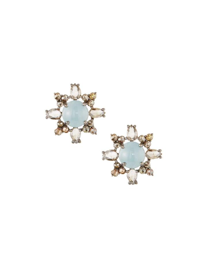 Silver Stud Earrings With Champagne Diamonds & Aquamarine
