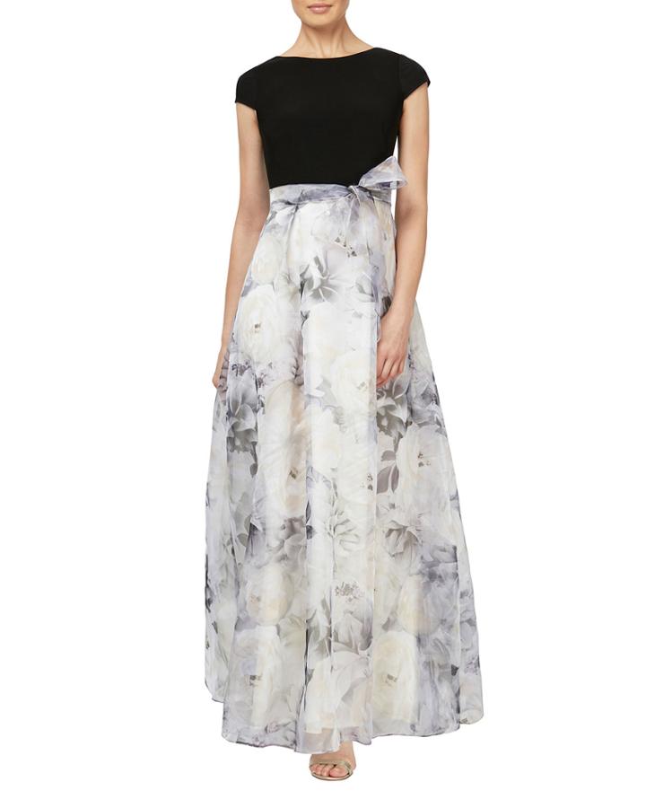 Cap-sleeve Floral Organza Gown