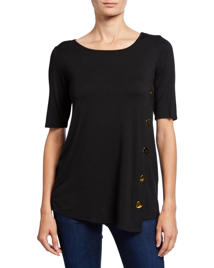 Scoop-neck Elbow-sleeve Asymmetric-hem Top W/ Button Detail
