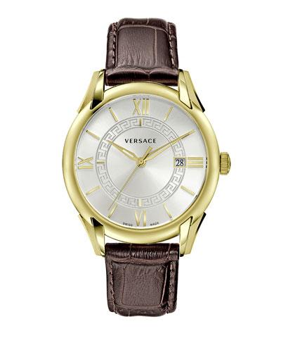 42mm Apollo Watch W/ Calfskin Leather Strap, Golden/silvertone/brown