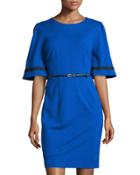 Belted Flounce-sleeve Sheath Dress, Blue