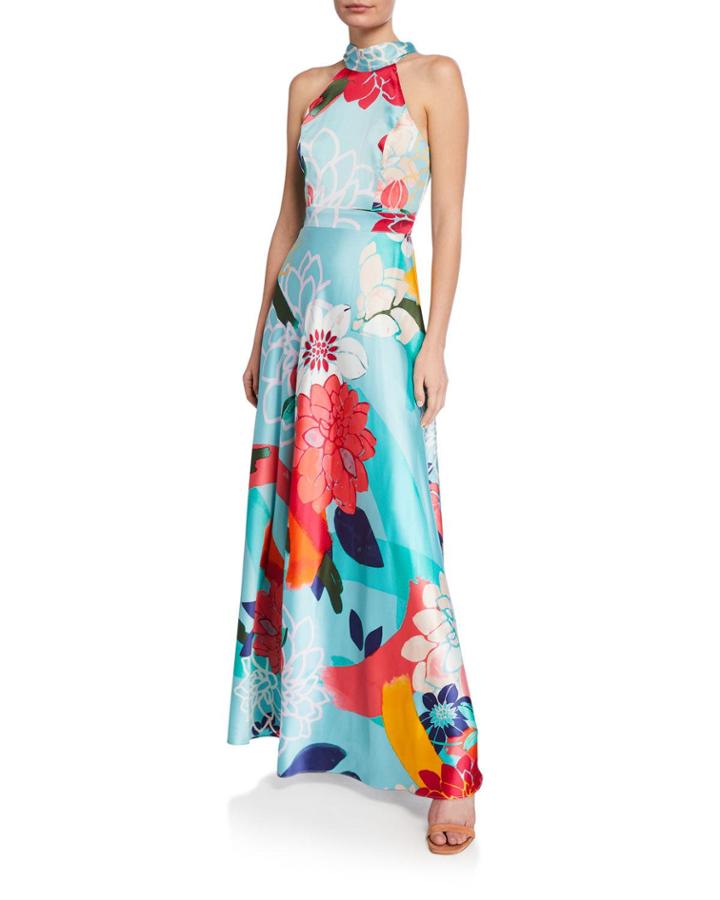 Floral Bow-back Tie A-line Halter Gown