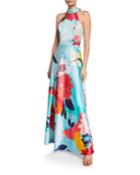 Floral Bow-back Tie A-line Halter Gown