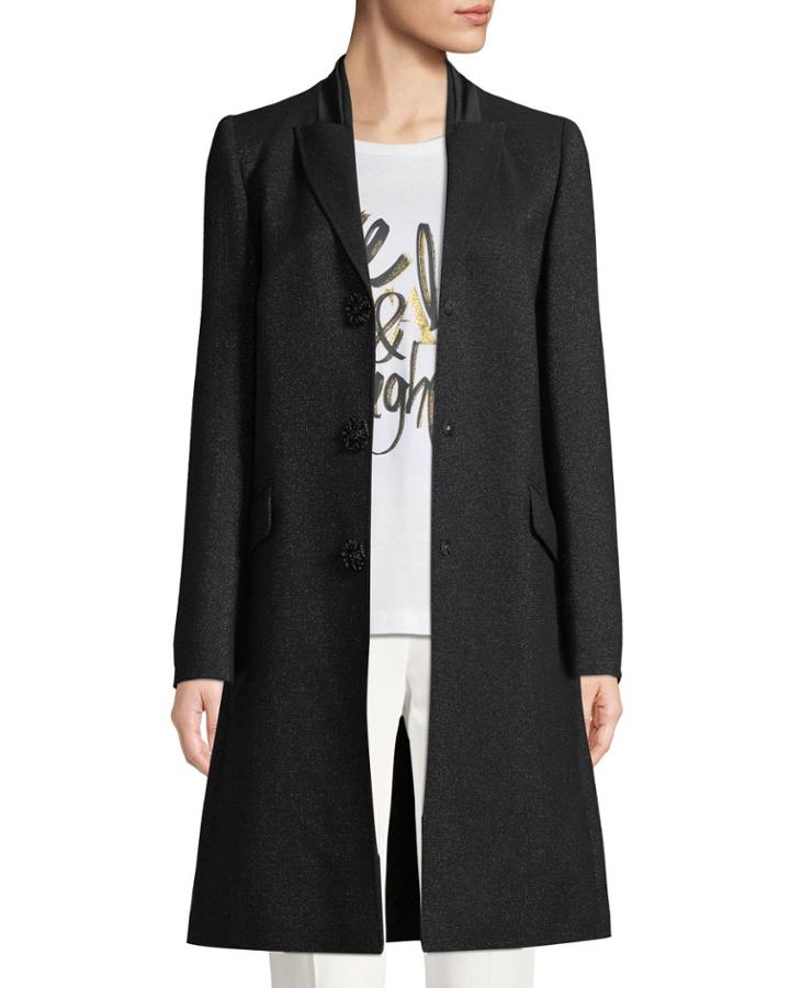 Jeweled Snap-front Metallic Wool Tuxedo Coat