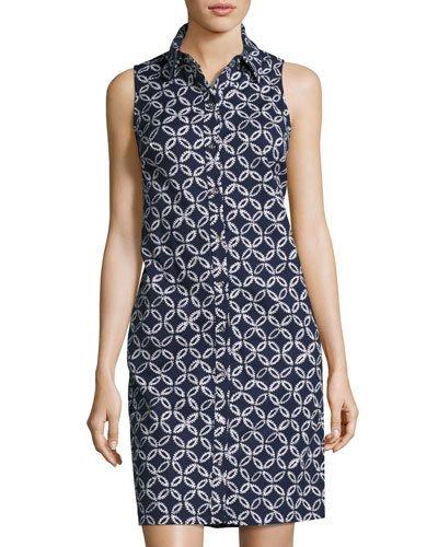 Printed Button-front Shirtdress, Blue Pattern